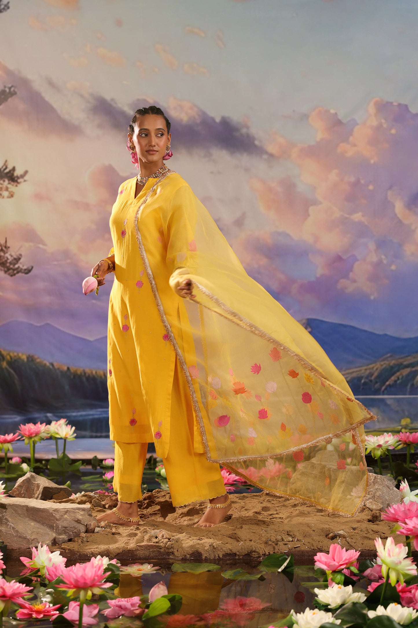 Yellow Applique Work Mul Chanderi with Palazzo Suit Set