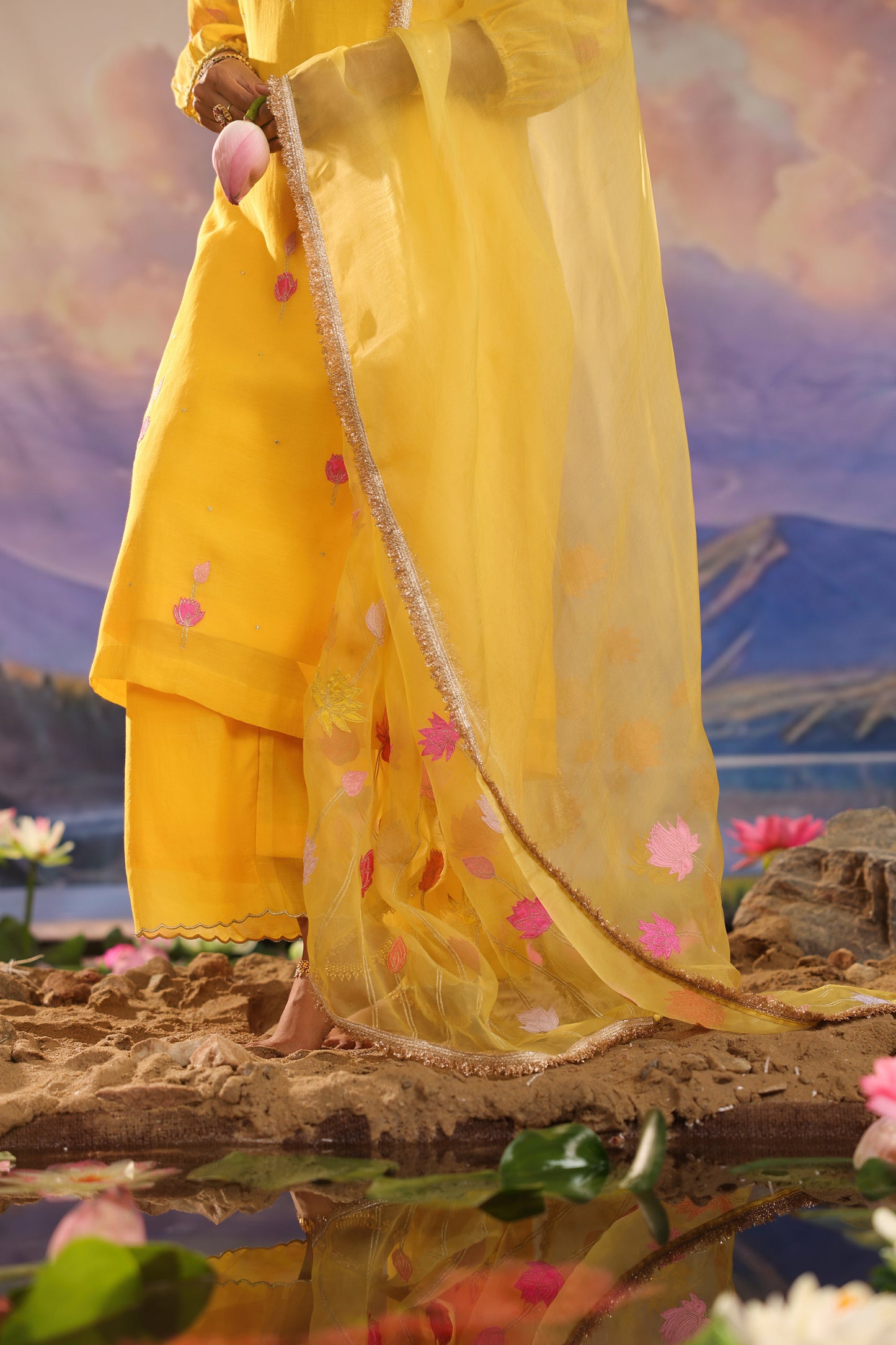 Yellow Applique Work Mul Chanderi with Palazzo Suit Set