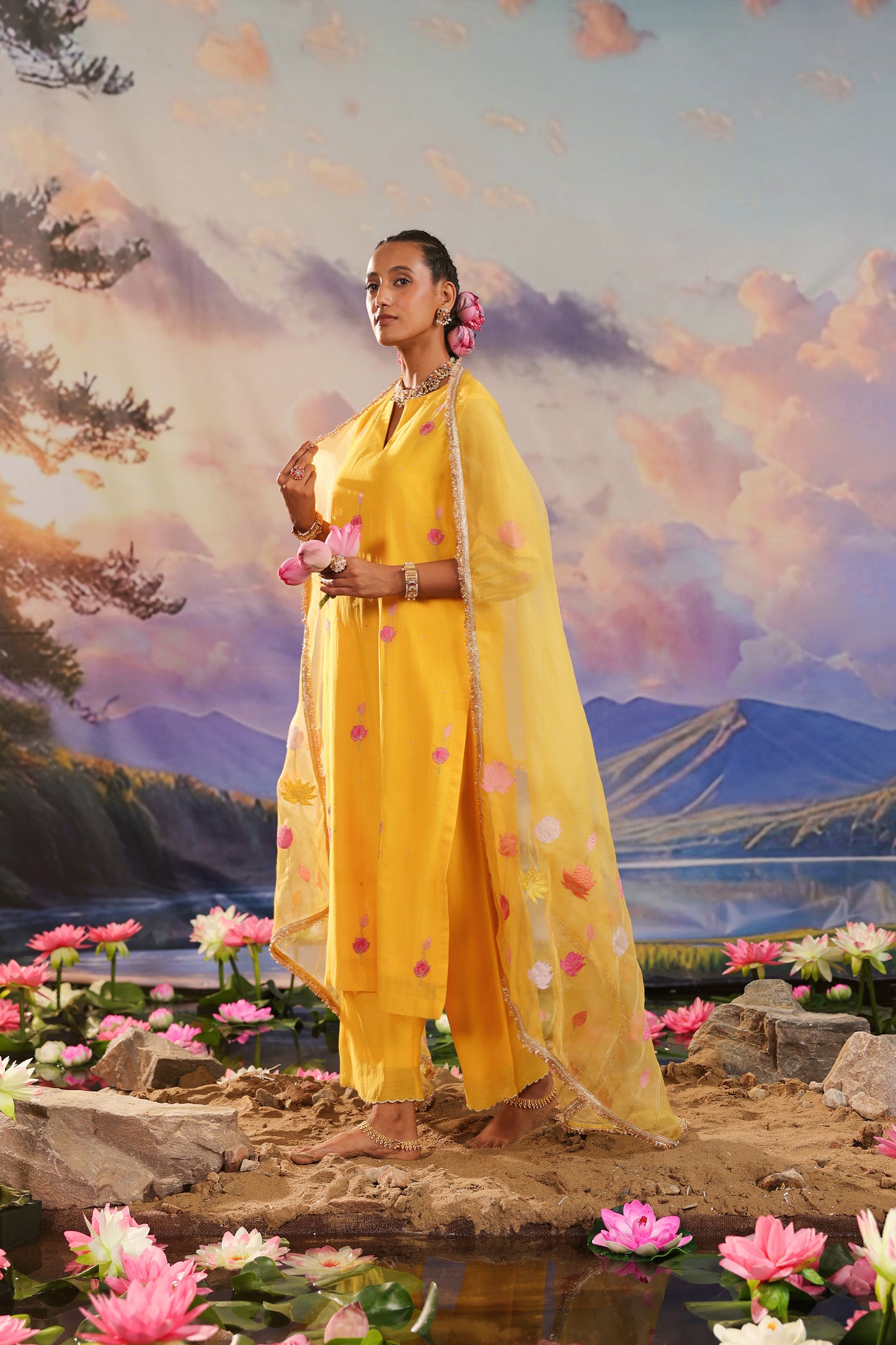 Yellow Applique Work Mul Chanderi with Palazzo Suit Set