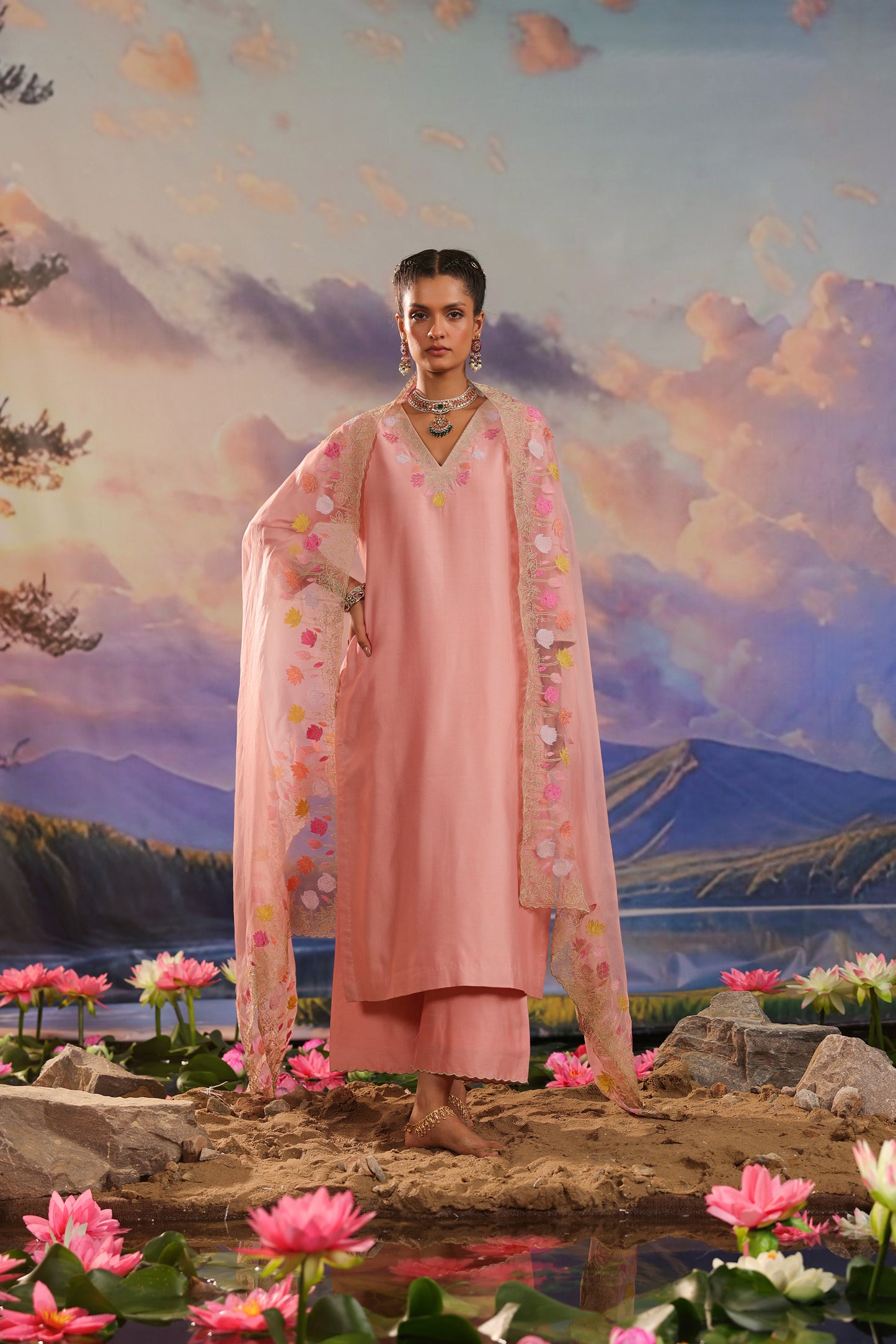 Peach Applique Work Silk Chanderi Suit Set