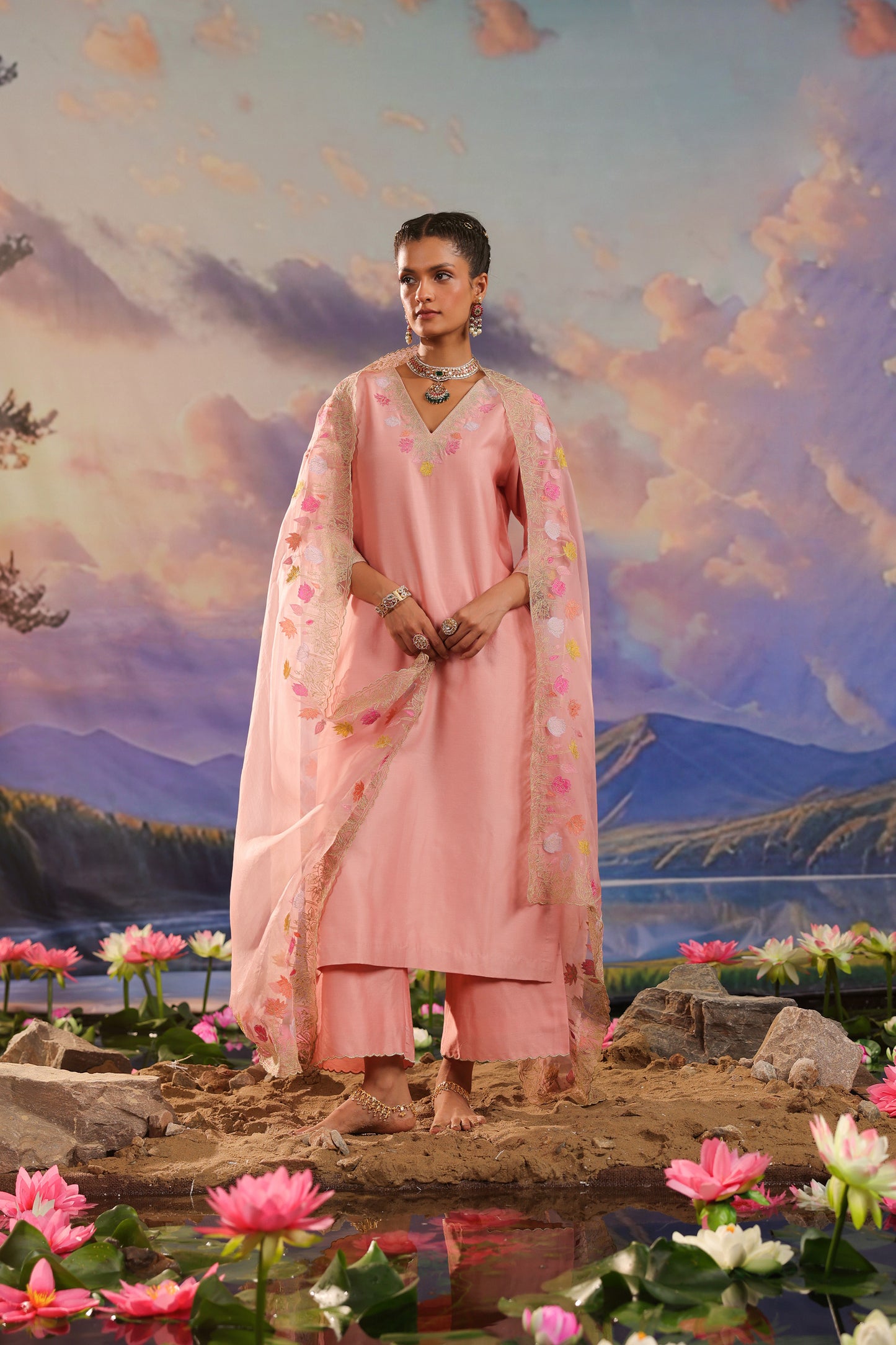 Peach Applique Work Silk Chanderi Suit Set