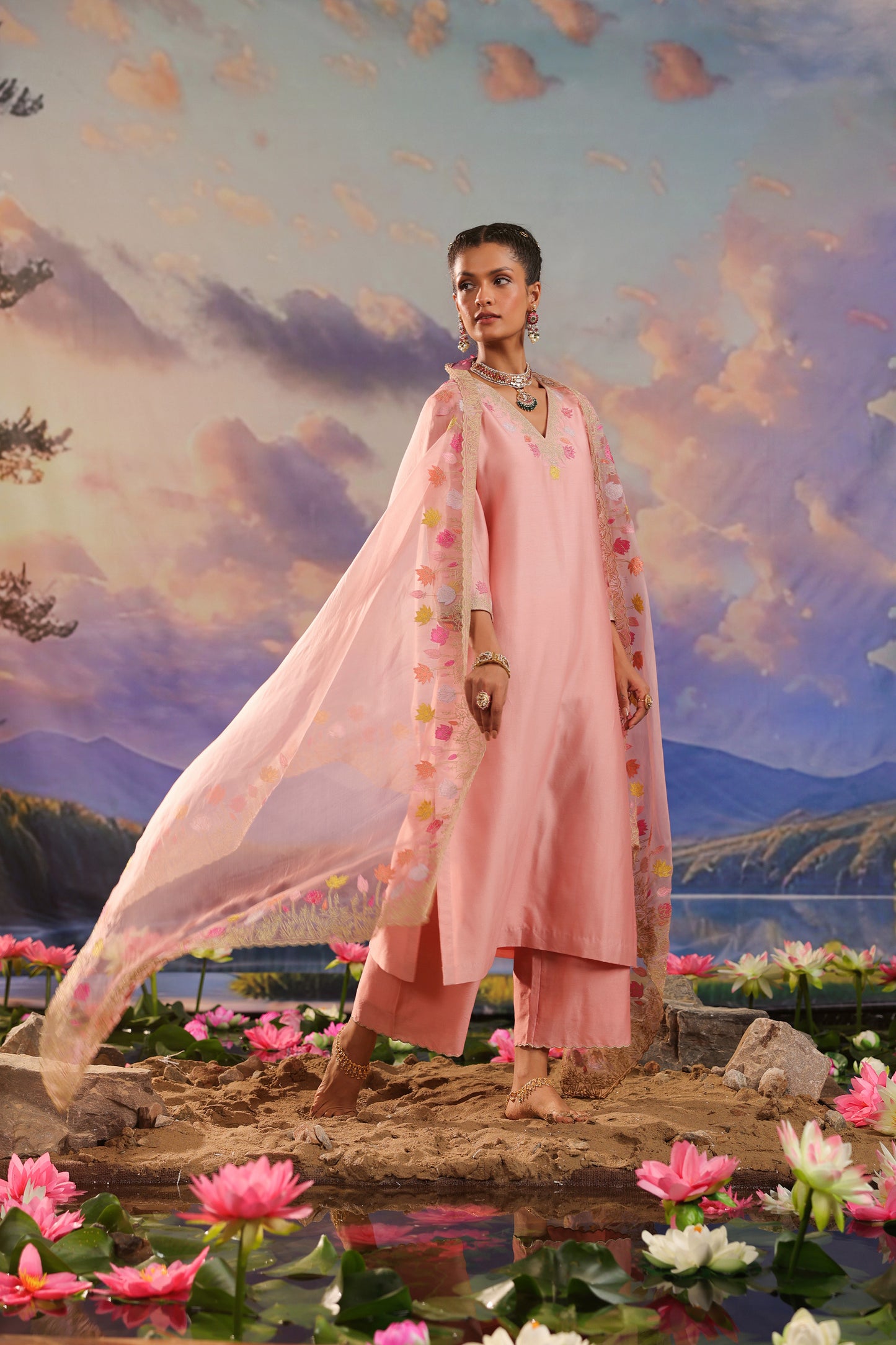 Peach Applique Work Silk Chanderi Suit Set