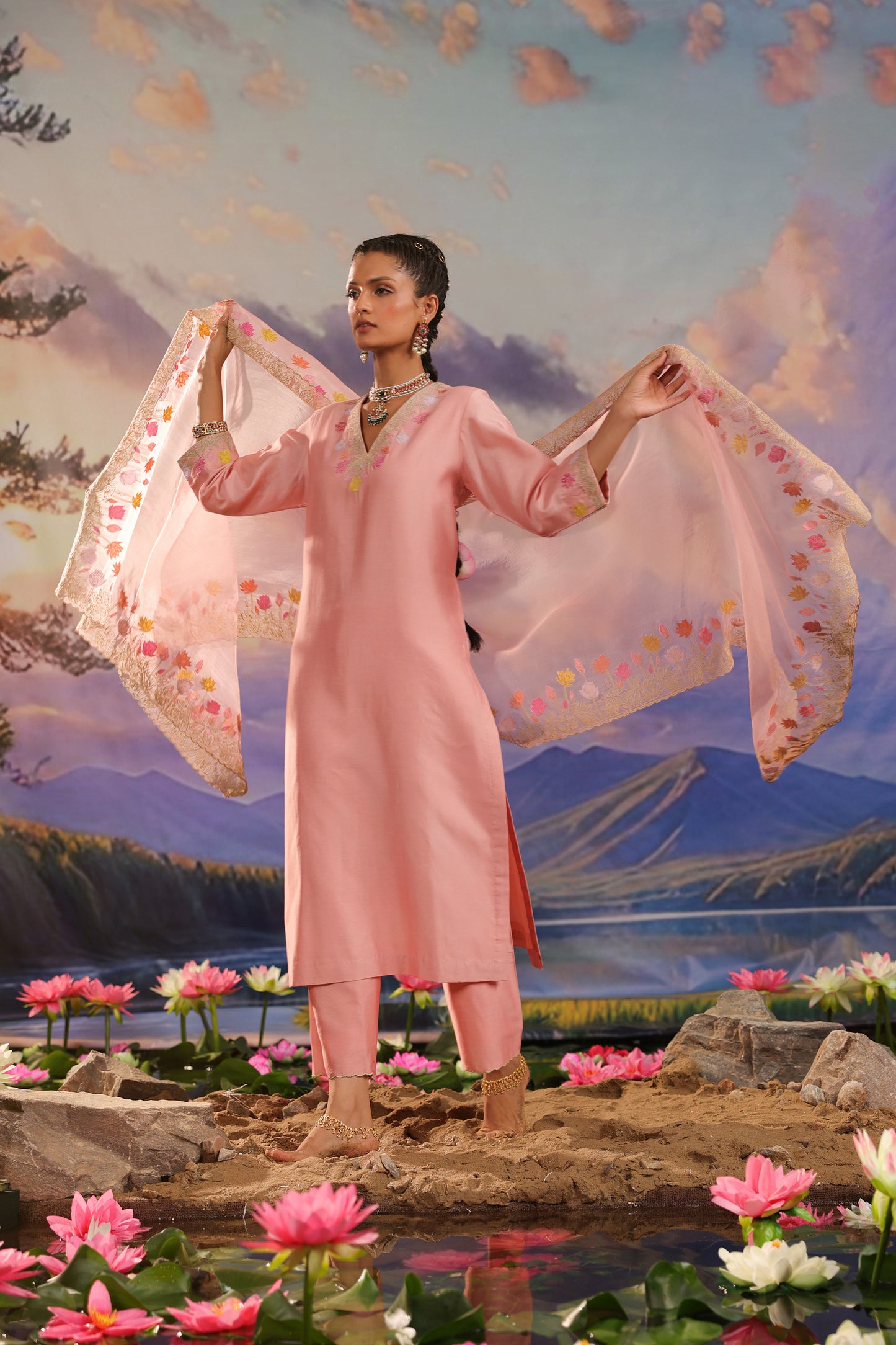 Peach Applique Work Silk Chanderi Suit Set