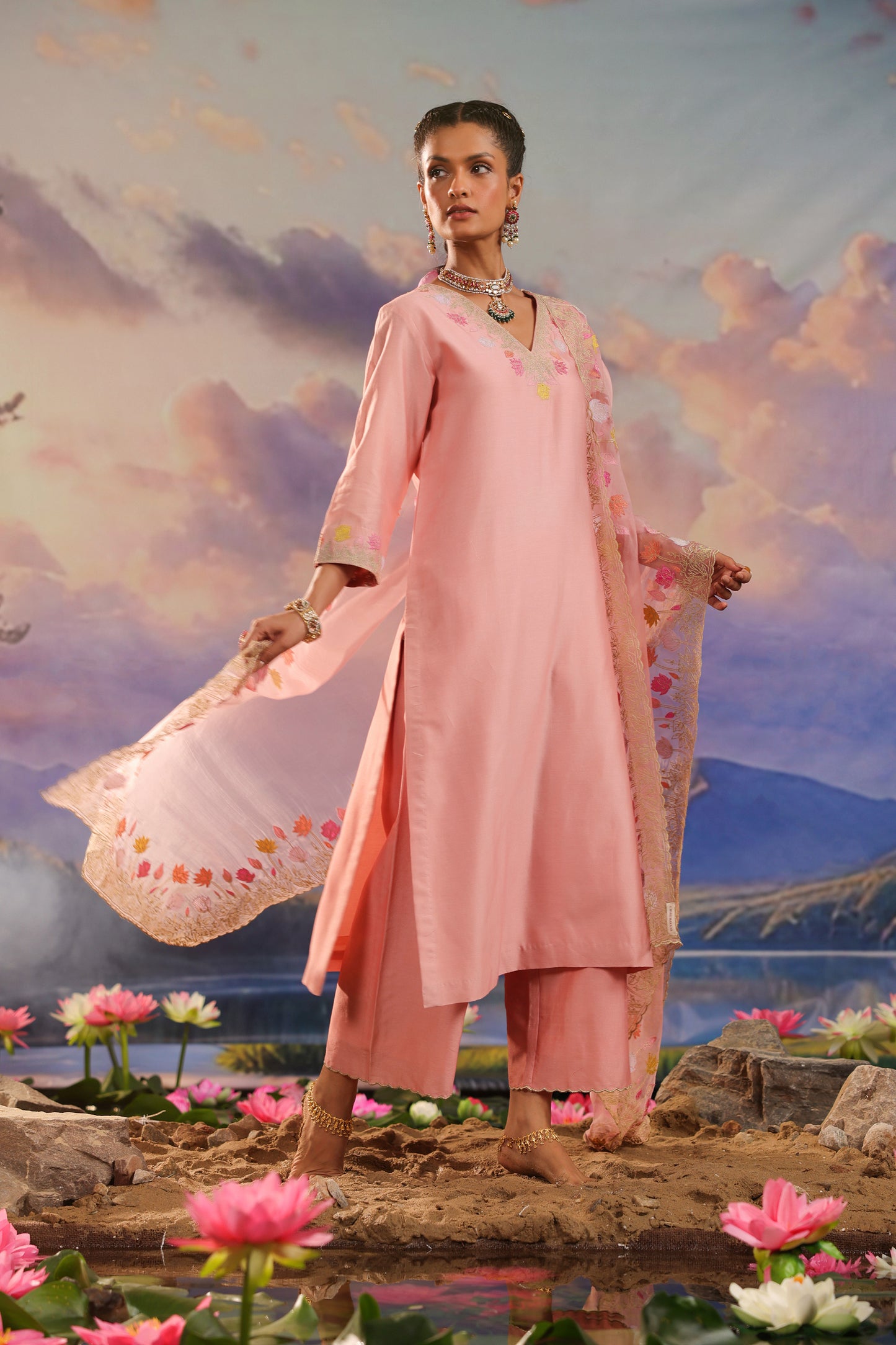 Peach Applique Work Silk Chanderi Suit Set