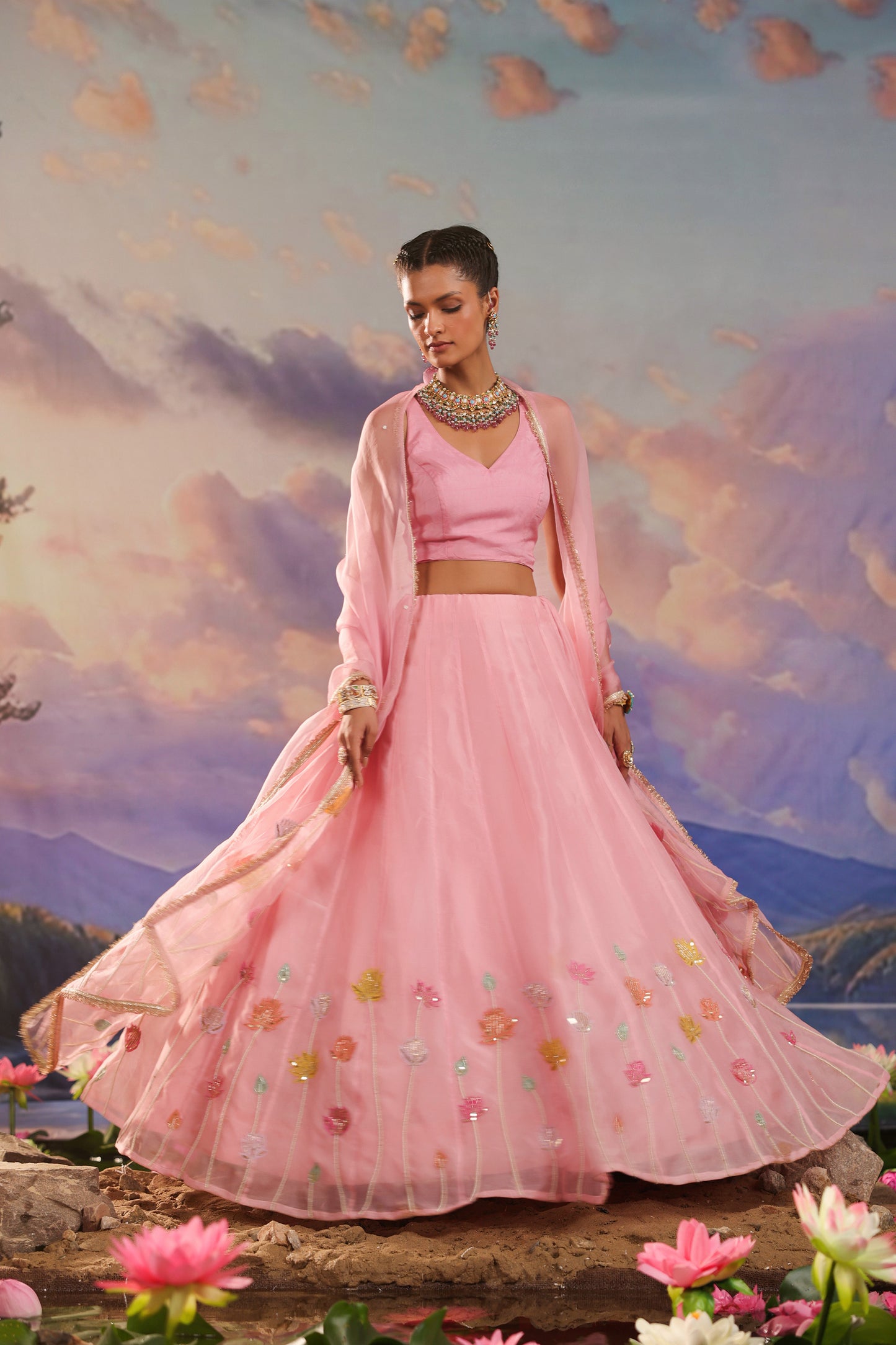 Pink Applique Pearl & Zari Embroidery Organza Lehenga