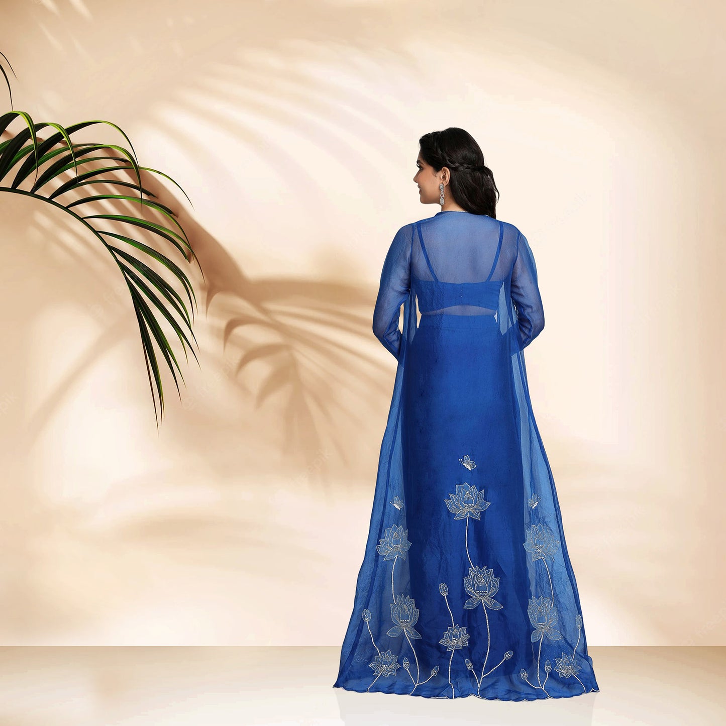 Divine Lotus Crop Top Skirt Jacket Set- Blue