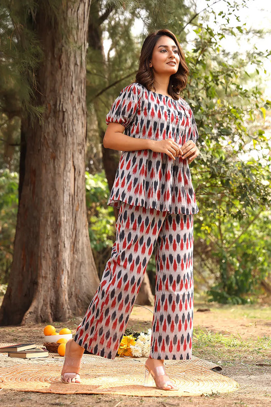 Red & Blue Pure Cotton Ikkat Co-ord Set