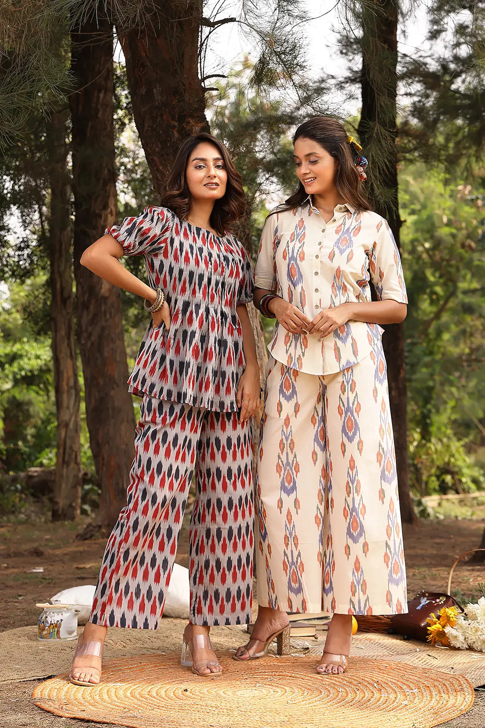 Red & Blue Pure Cotton Ikkat Co-ord Set