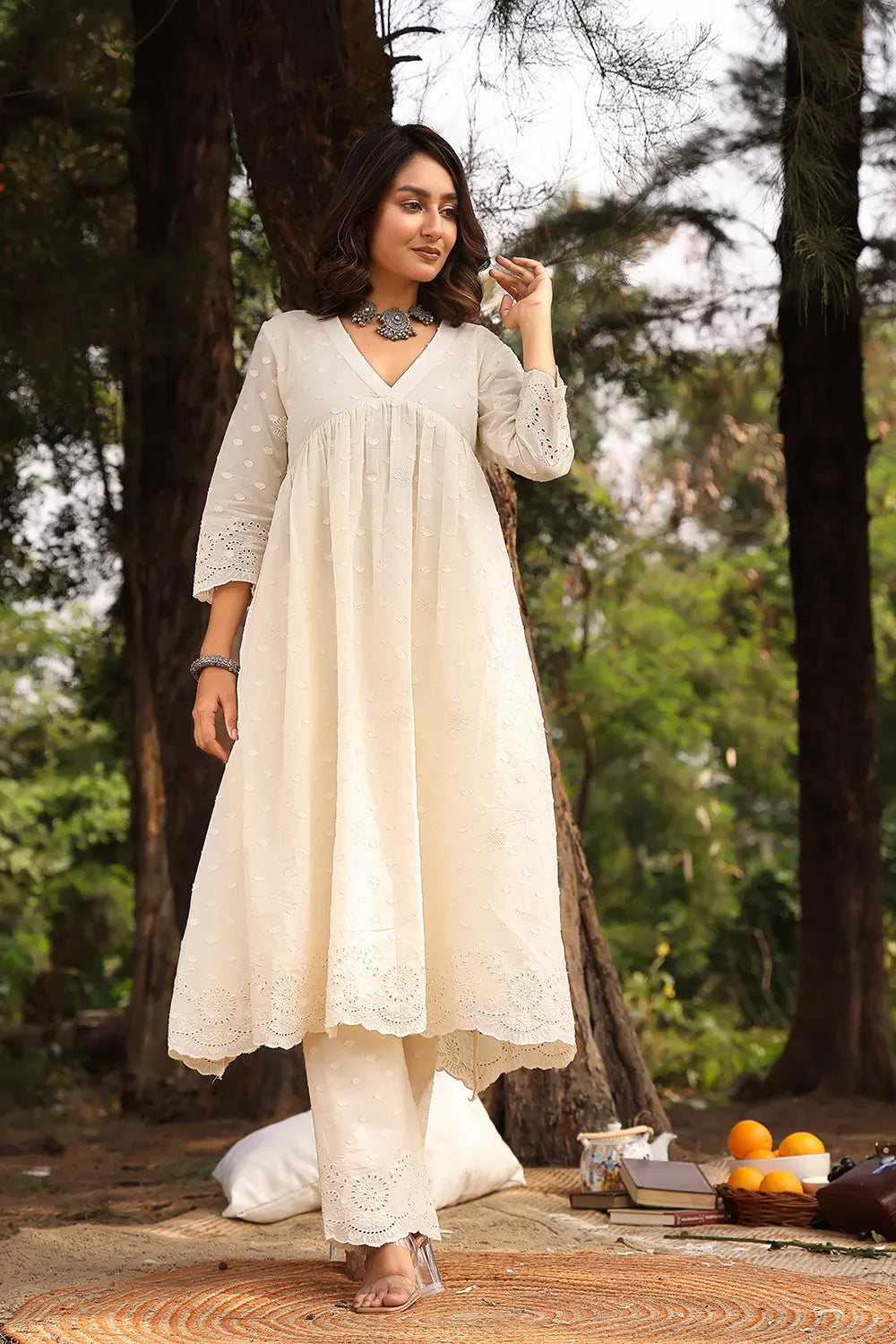 Cream  Dobby  Pure Cotton Flared Kurta Set