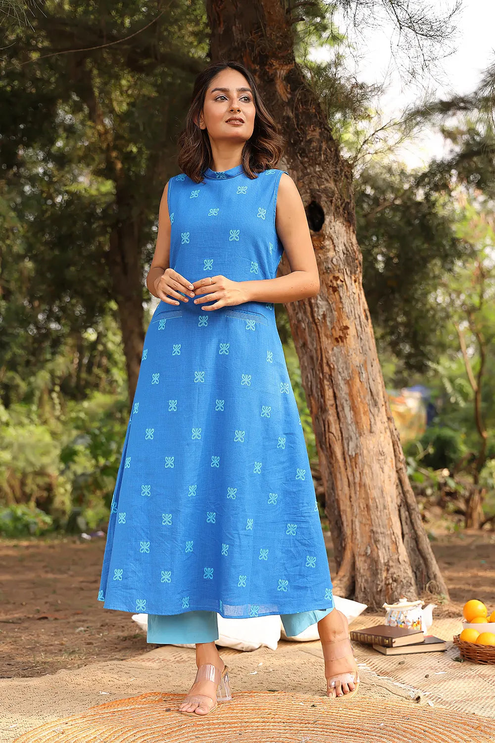 Dark Blue Butterfly Woven Pure Cotton Kurta With Blue Malai Cotton Pant Set