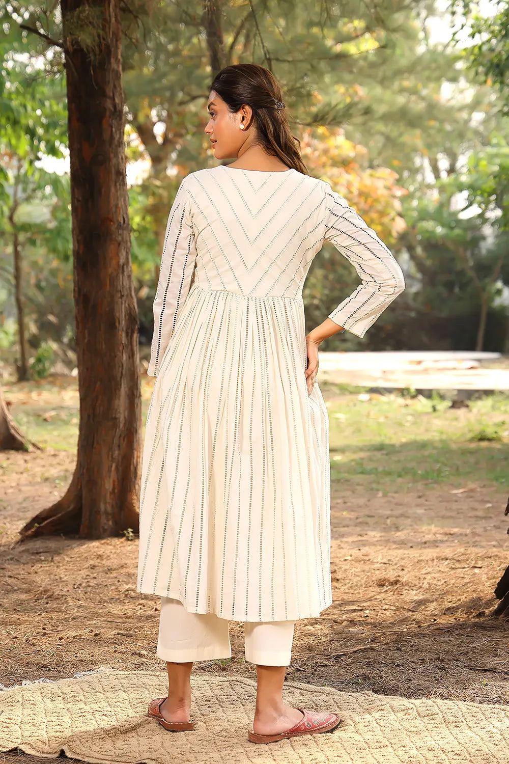 Cream Pure Cotton Stripes Kurta Set