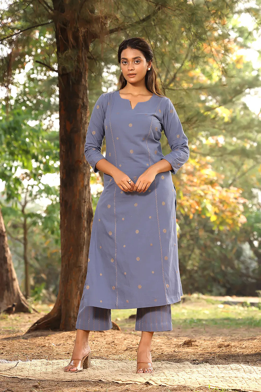 Grey Pure Cotton Gold Zari Polka Dots Kurta Set