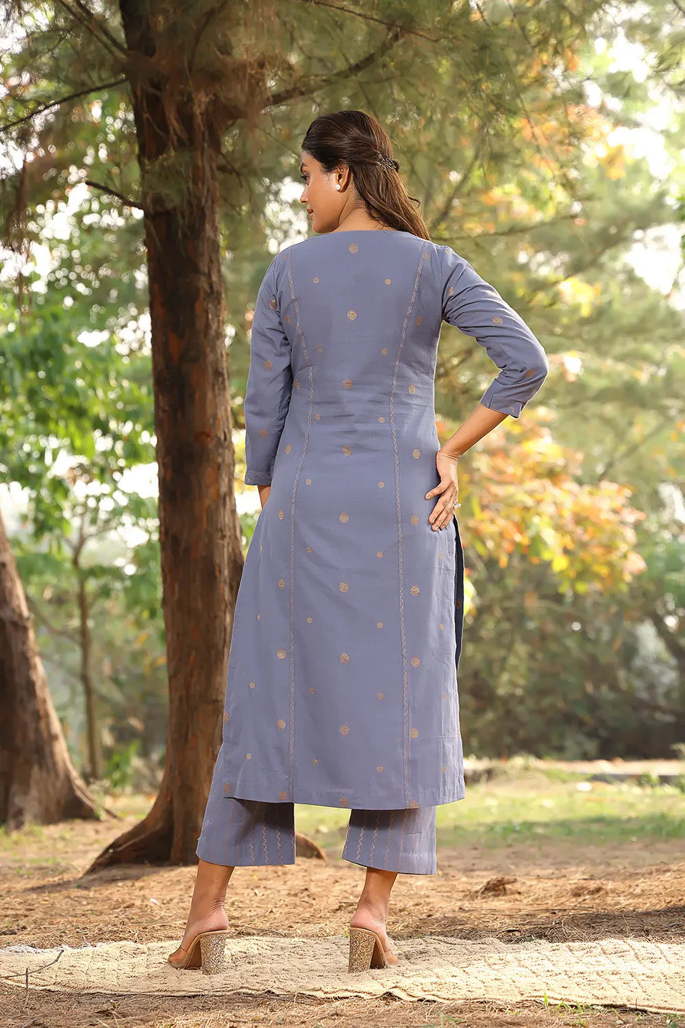 Grey Pure Cotton Gold Zari Polka Dots Kurta Set