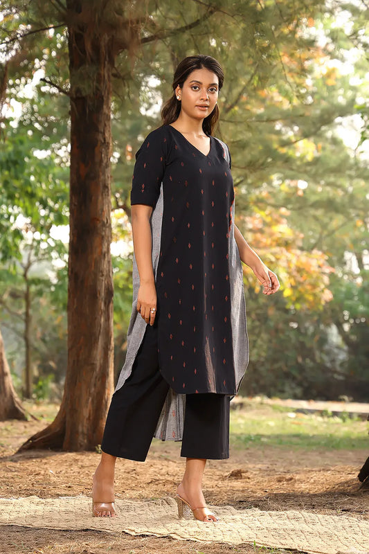 Black Grey Pure Cotton Kurta With Malai Black Pant Set