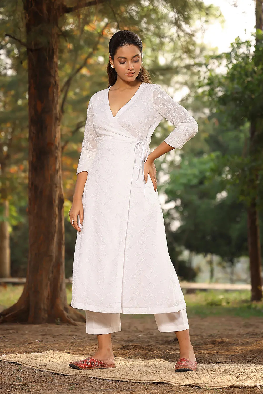White Pure Cotton Angrakha With Dori Tie Up Kurta Pant Set