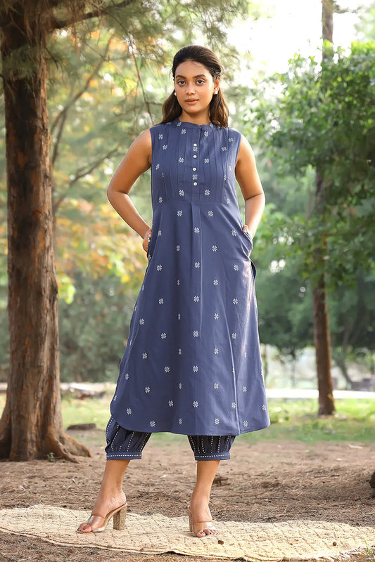 Dark Grey Woven Pure Cotton Kurta Set