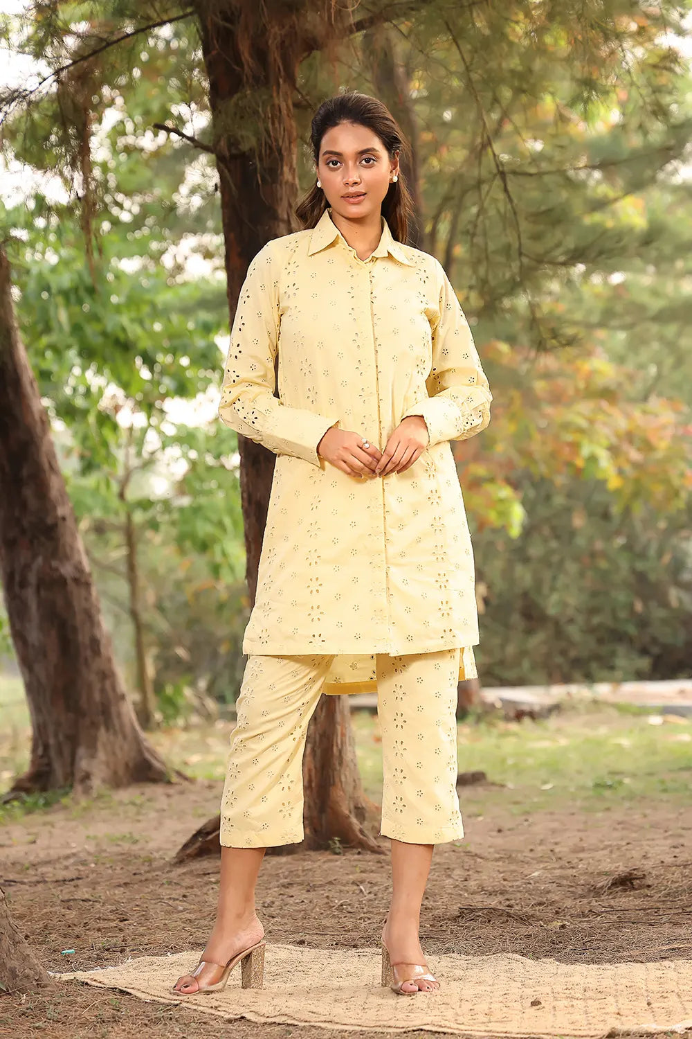 Light Yellow Pure Cotton Collar Shirt Co-ord Set