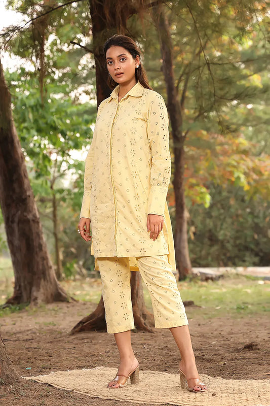 Light Yellow Pure Cotton Collar Shirt Co-ord Set