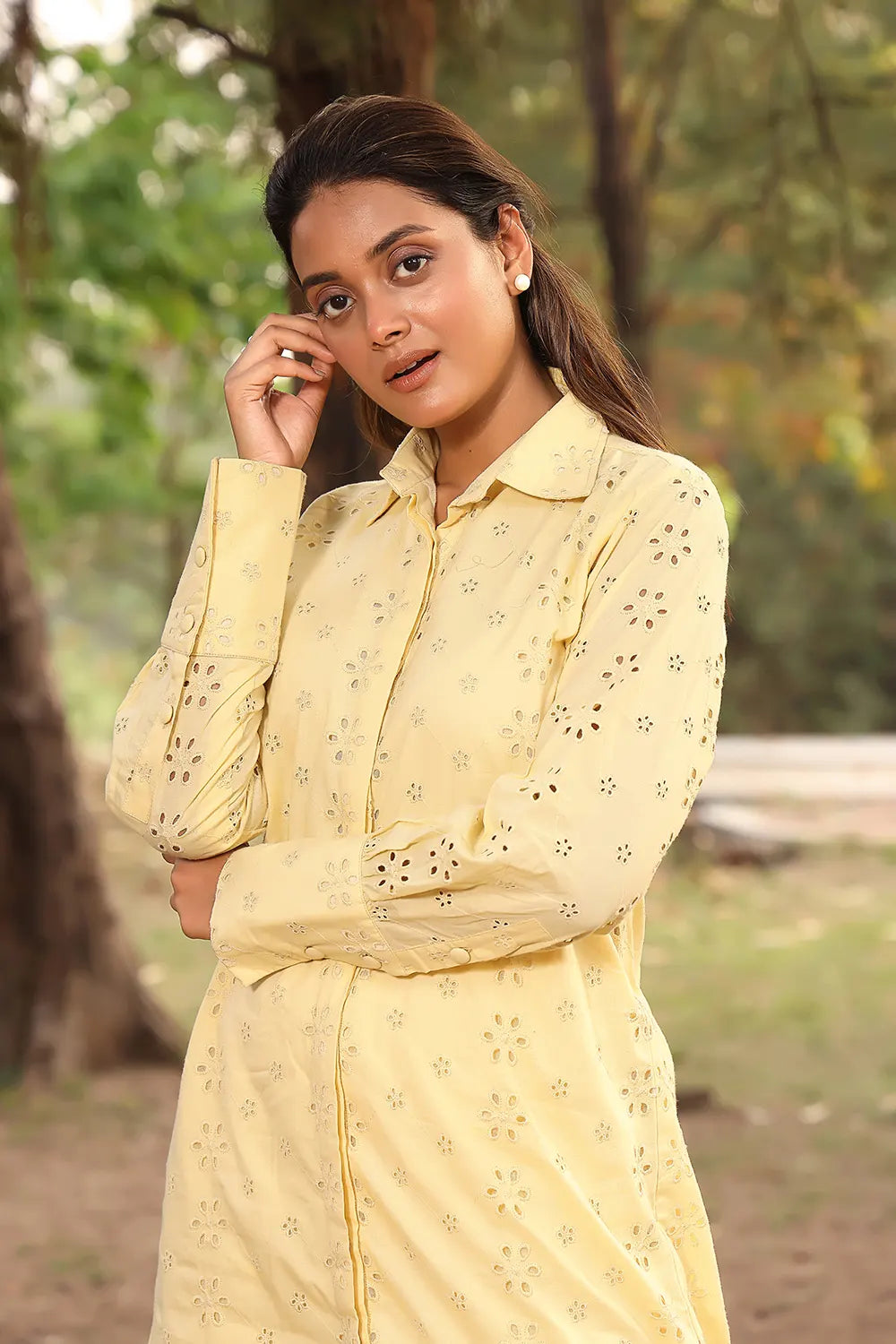 Light Yellow Pure Cotton Collar Shirt Co-ord Set