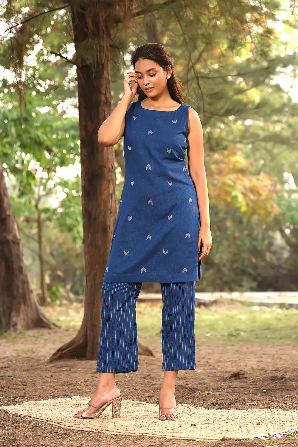 Blue Pure Cotton Kurta with Stripes Pant Co-Ord Set