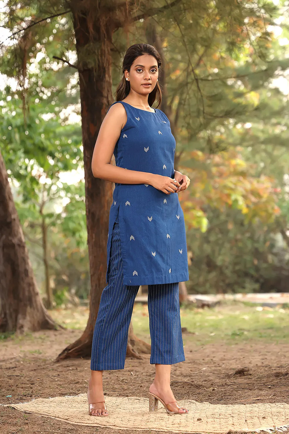 Blue Pure Cotton Kurta with Stripes Pant Co-Ord Set