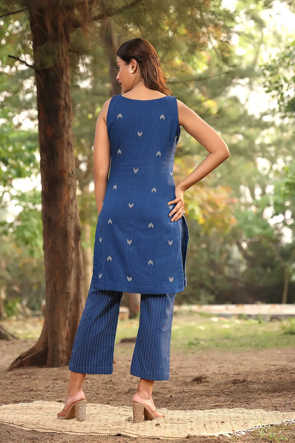Blue Pure Cotton Kurta with Stripes Pant Co-Ord Set