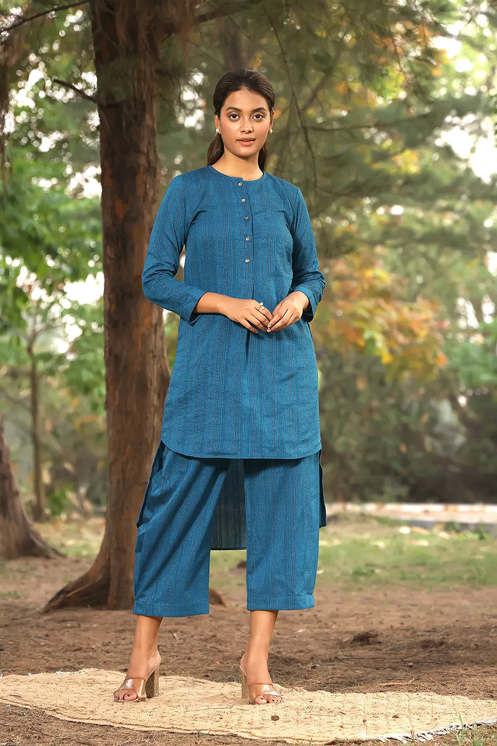 Blue Pure Cotton Co-ord Set With Silver Zari Stripes