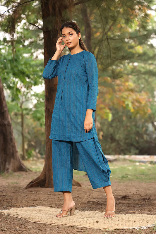 Blue Pure Cotton Co-ord Set With Silver Zari Stripes