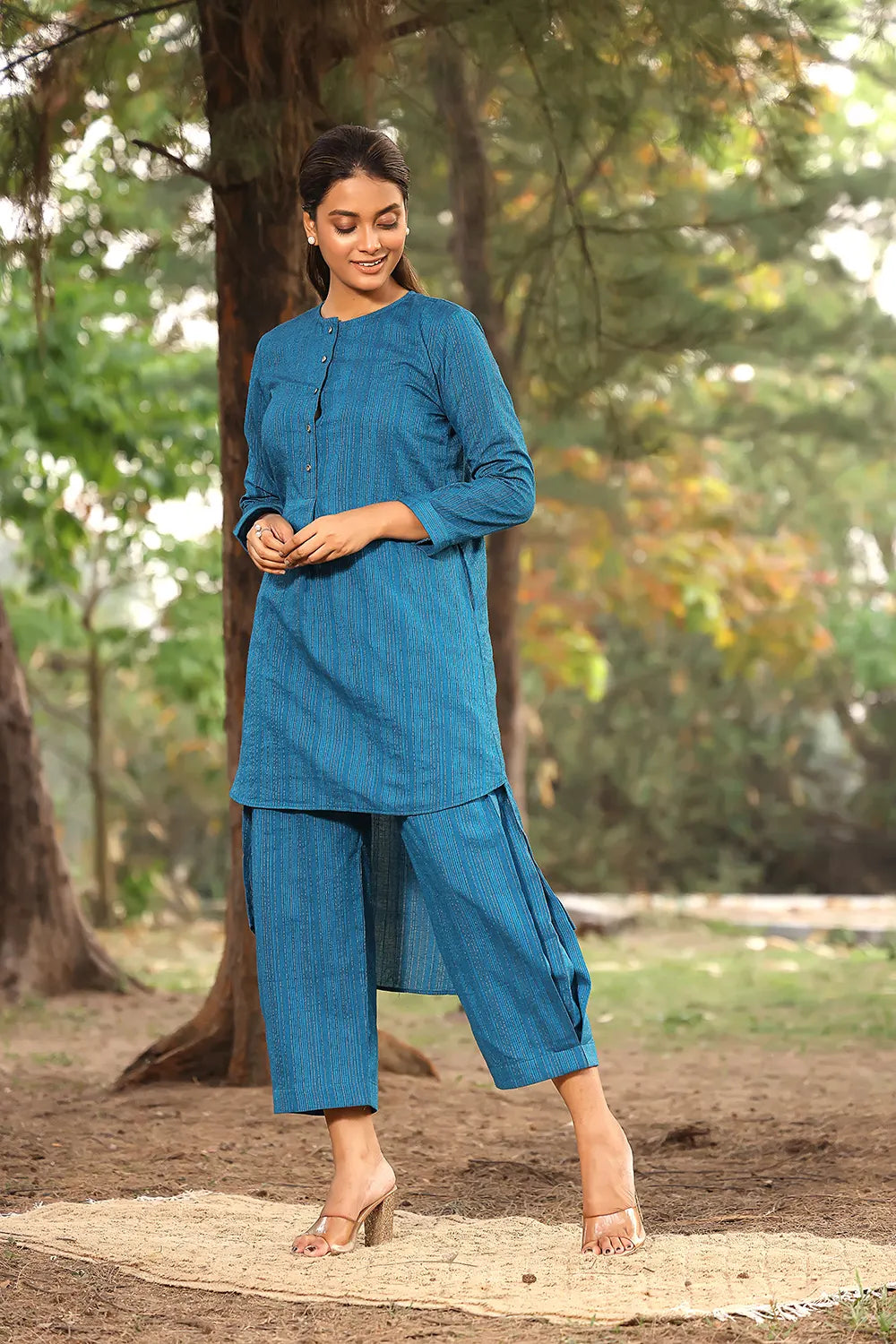 Blue Pure Cotton Co-ord Set With Silver Zari Stripes