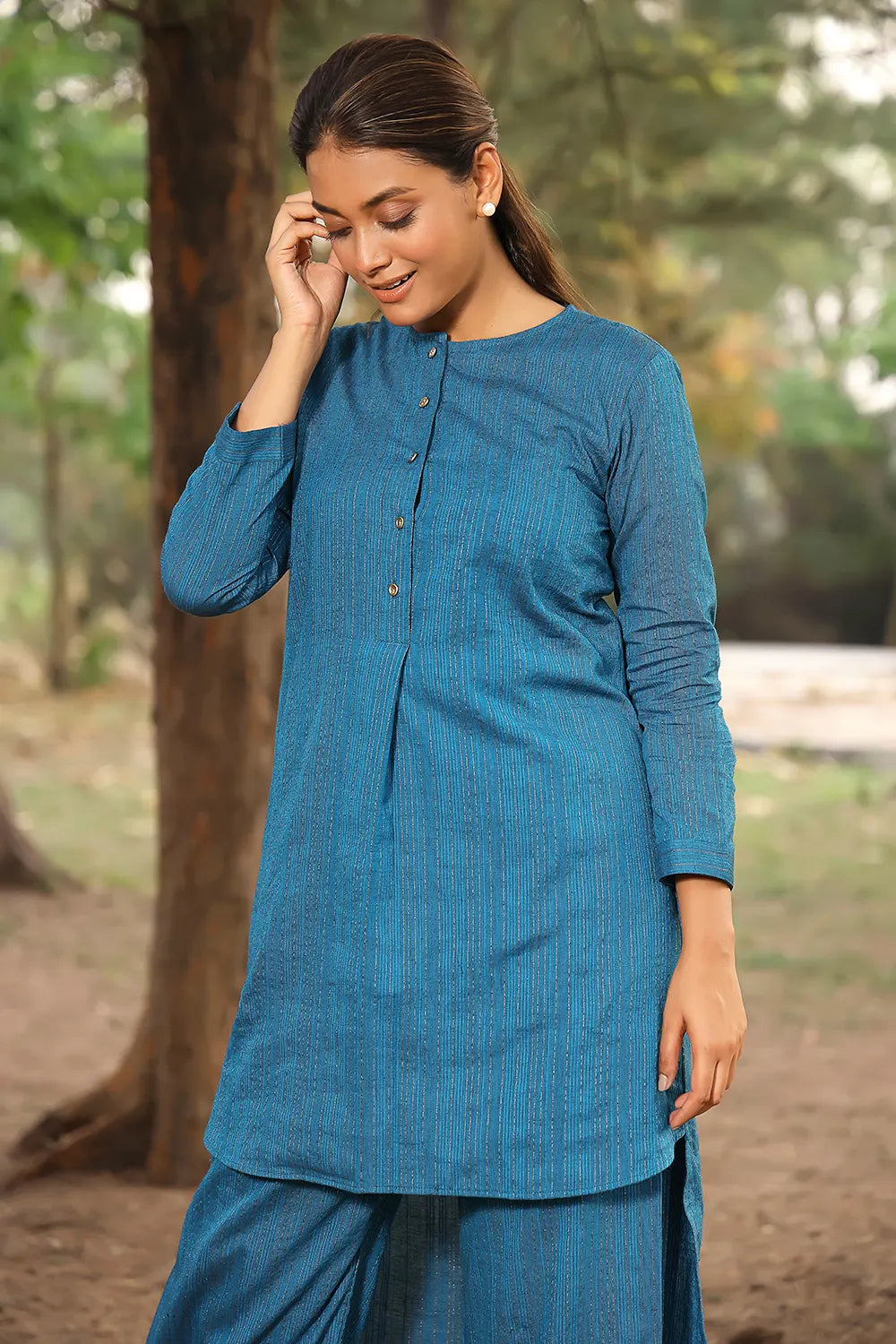 Blue Pure Cotton Co-ord Set With Silver Zari Stripes