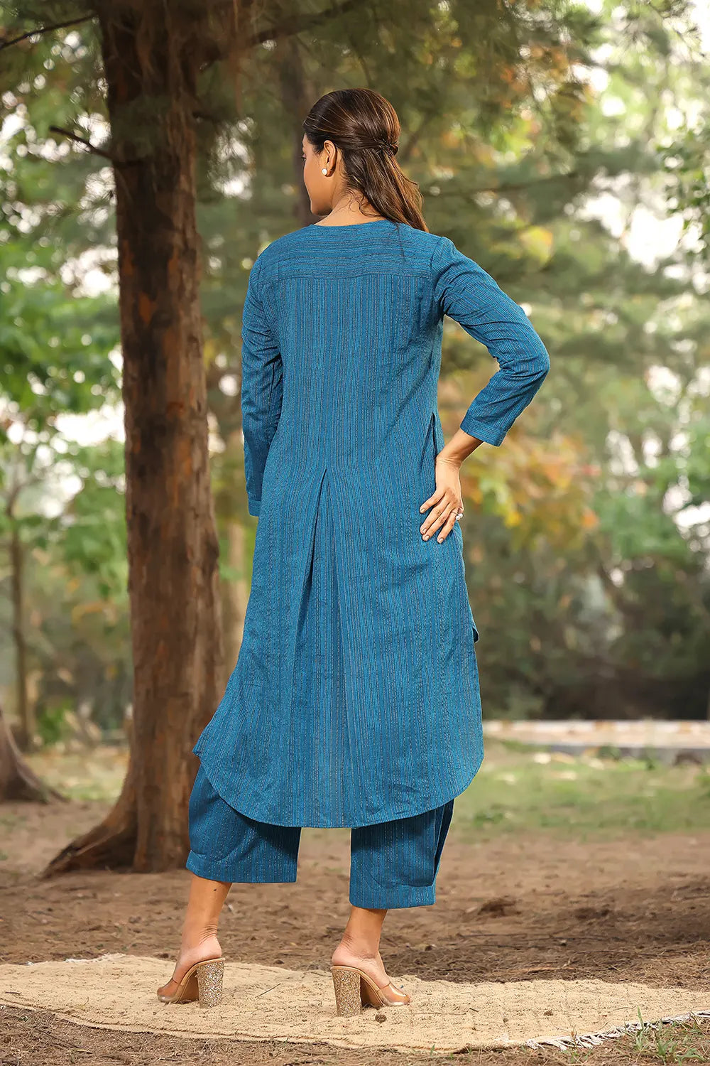 Blue Pure Cotton Co-ord Set With Silver Zari Stripes