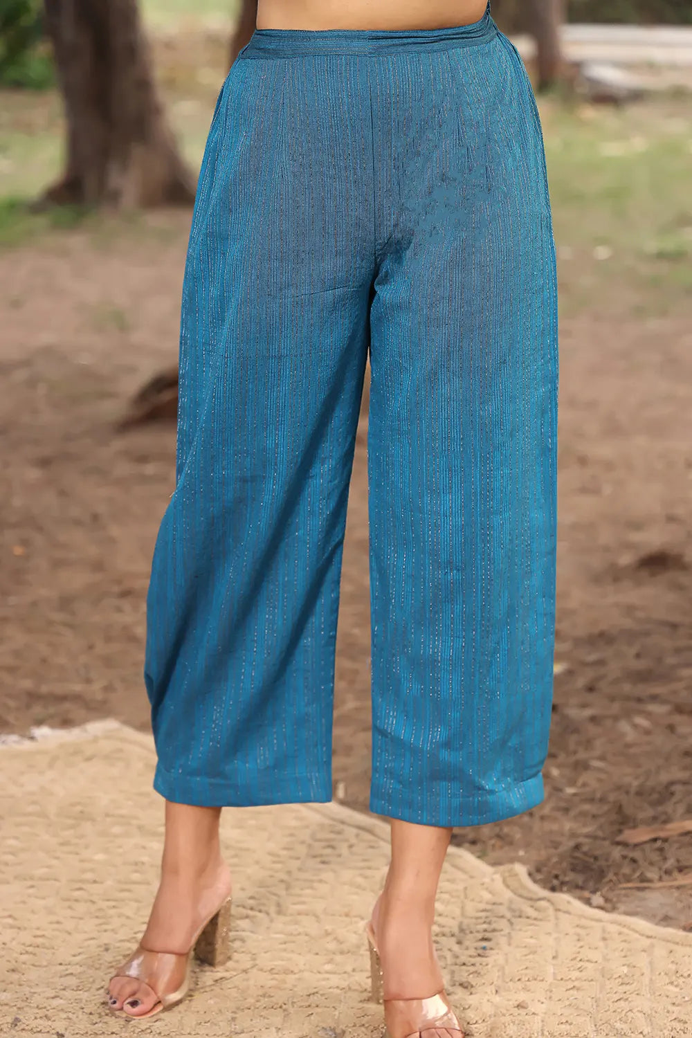 Blue Pure Cotton Co-ord Set With Silver Zari Stripes