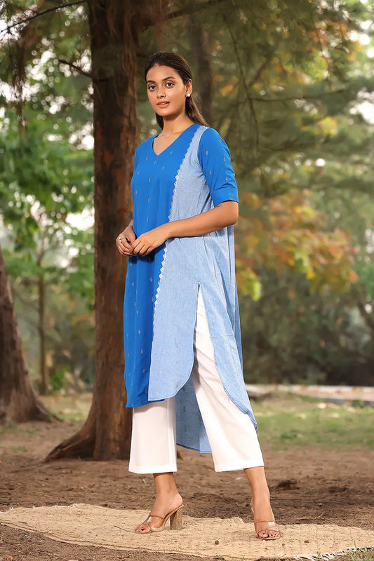 Navy Blue Pure Cotton Kurta With Stripes Pant Set