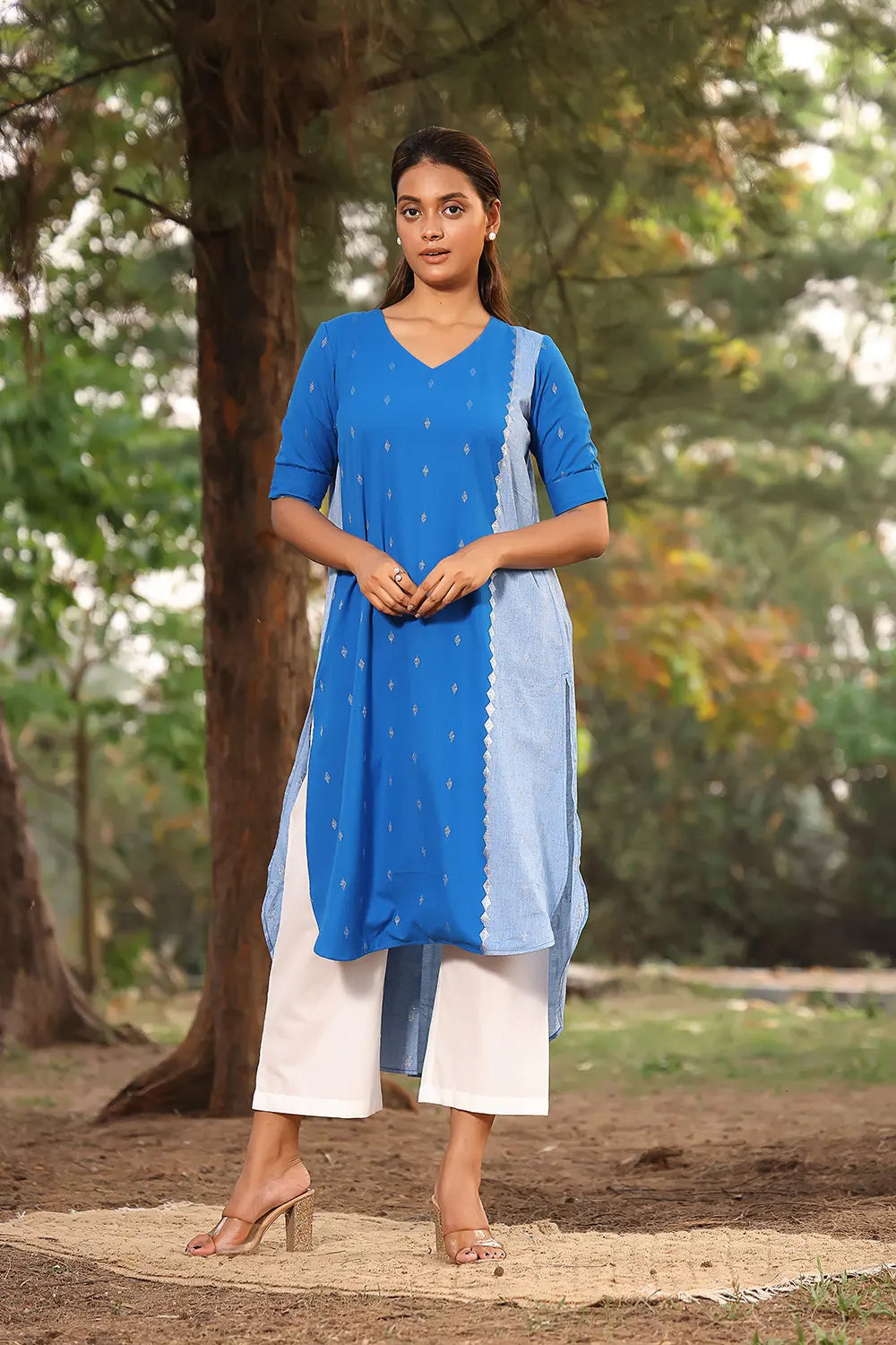 Navy Blue Pure Cotton Kurta With Stripes Pant Set