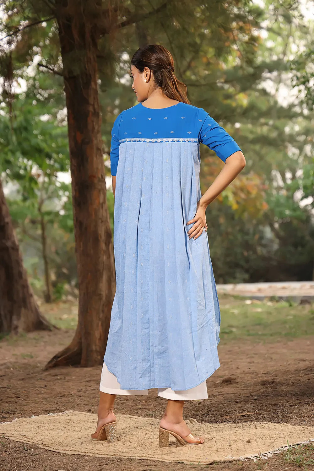 Navy Blue Pure Cotton Kurta With Stripes Pant Set