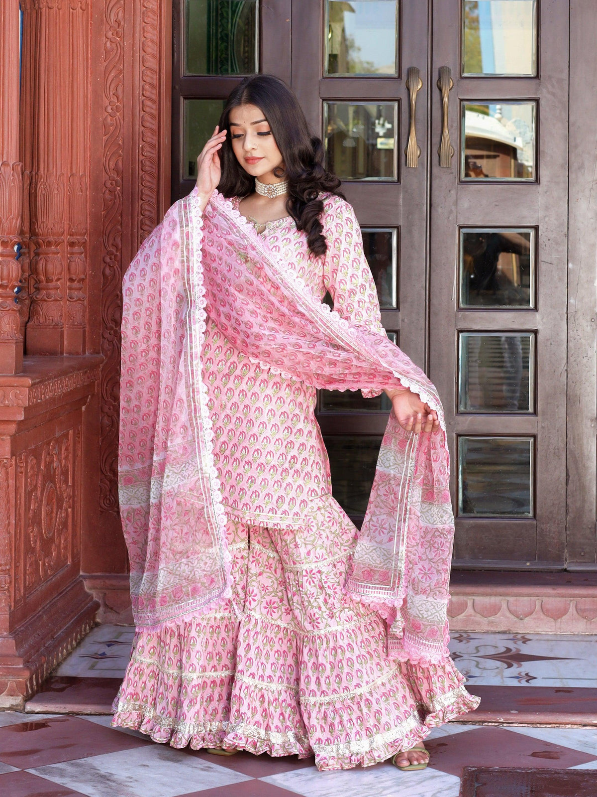  Pink Floral Hand Block Printed Kurta Sharara Set with Dupatta 