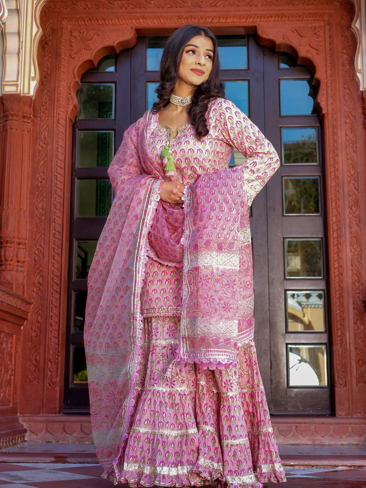  Pink Floral Hand Block Printed Kurta Sharara Set with Dupatta 
