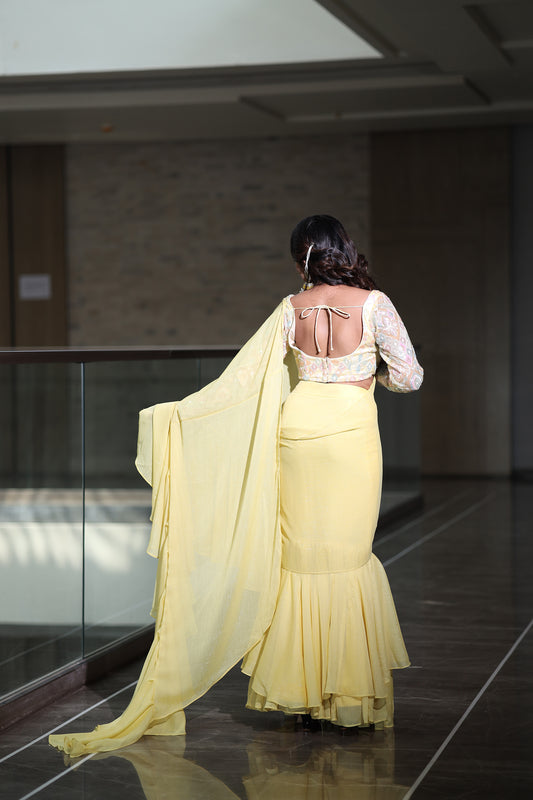 Daffodil Dream Yellow Saree With a Full Sleeves blouse