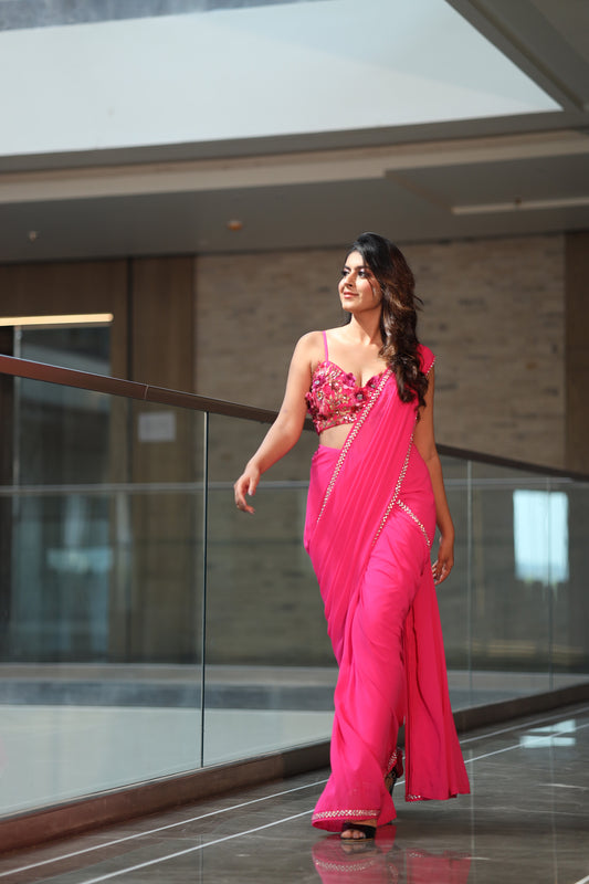 Fuchsia Flame Hotpink Applique Saaree
