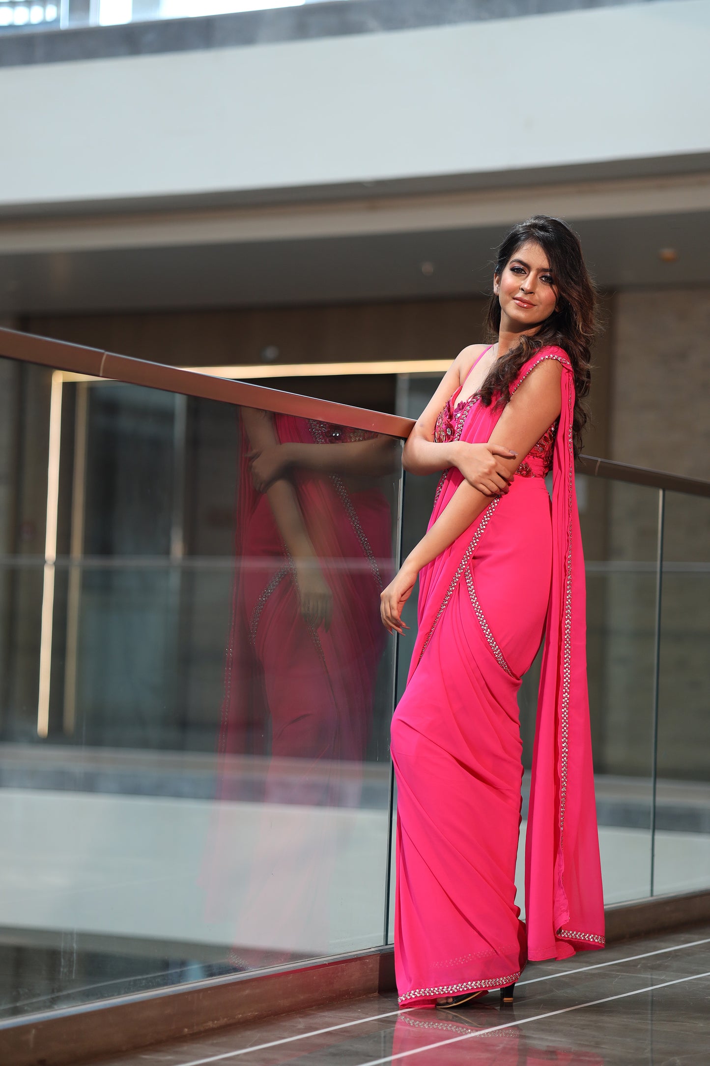 Fuchsia Flame Hotpink Applique Saaree