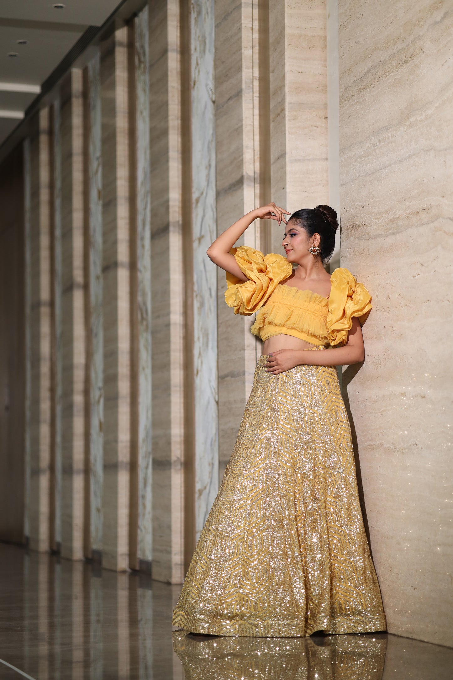 Mellow Glow yellow Lehenga & Blouse with Detachable Sleeves