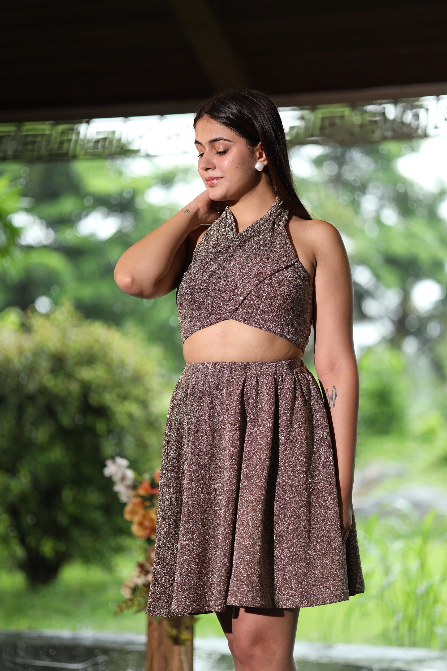 Bronze Glam Copper halter neck Top & Mini skirt