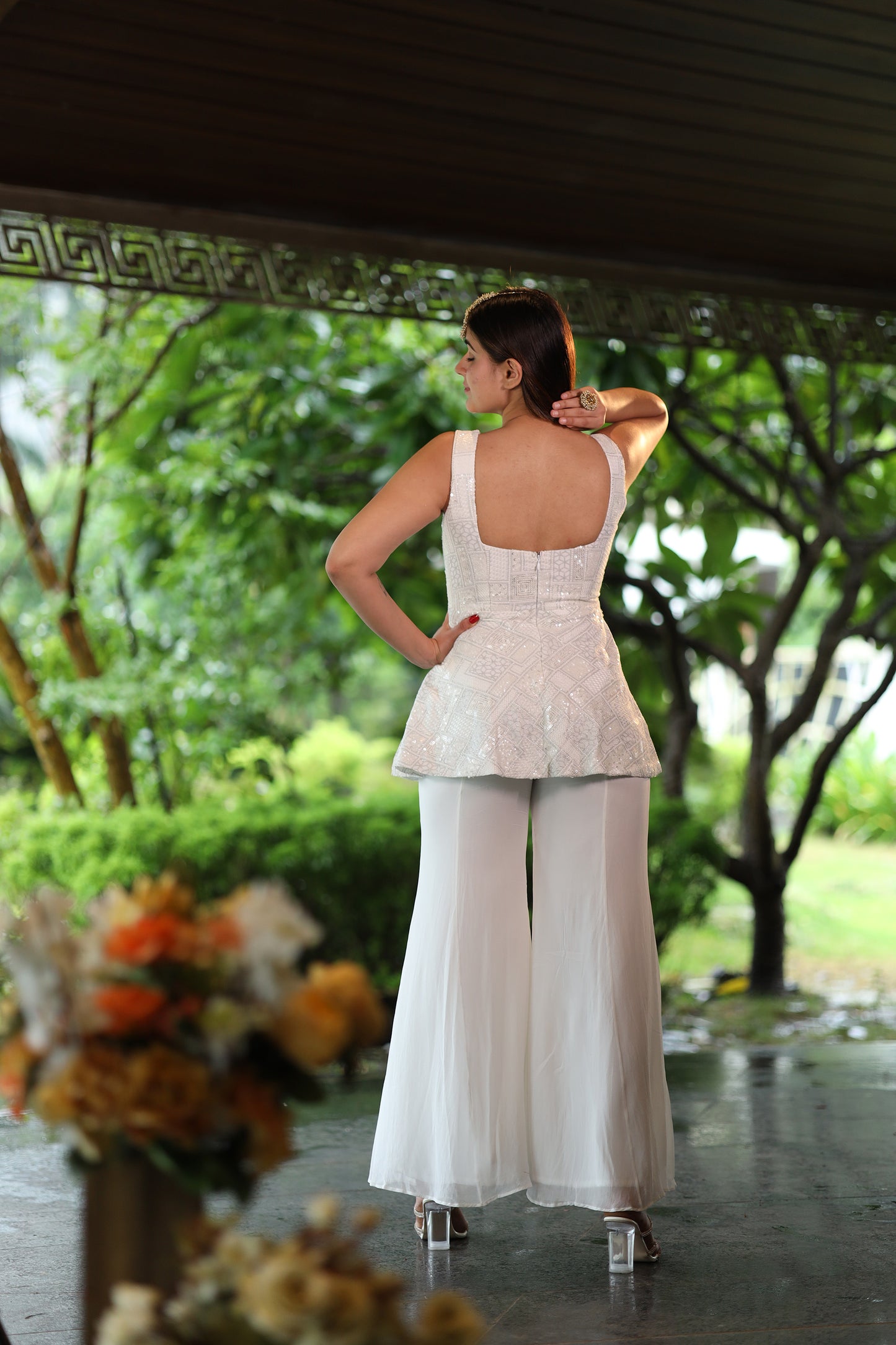 Snow Gleam White Peplum Top & Bell Bottom