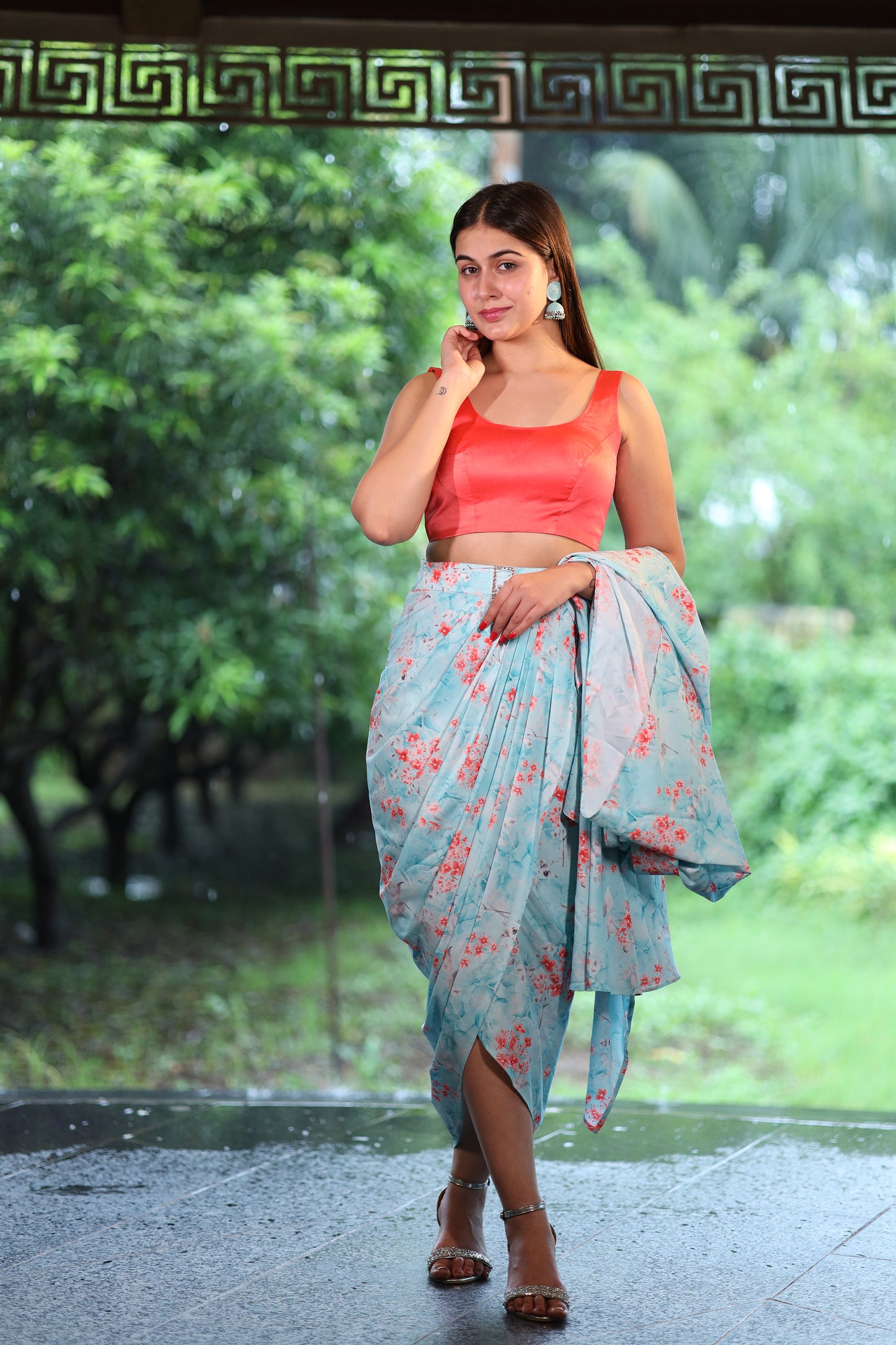 Rustwave Bustier & a pleated skirt with cape.