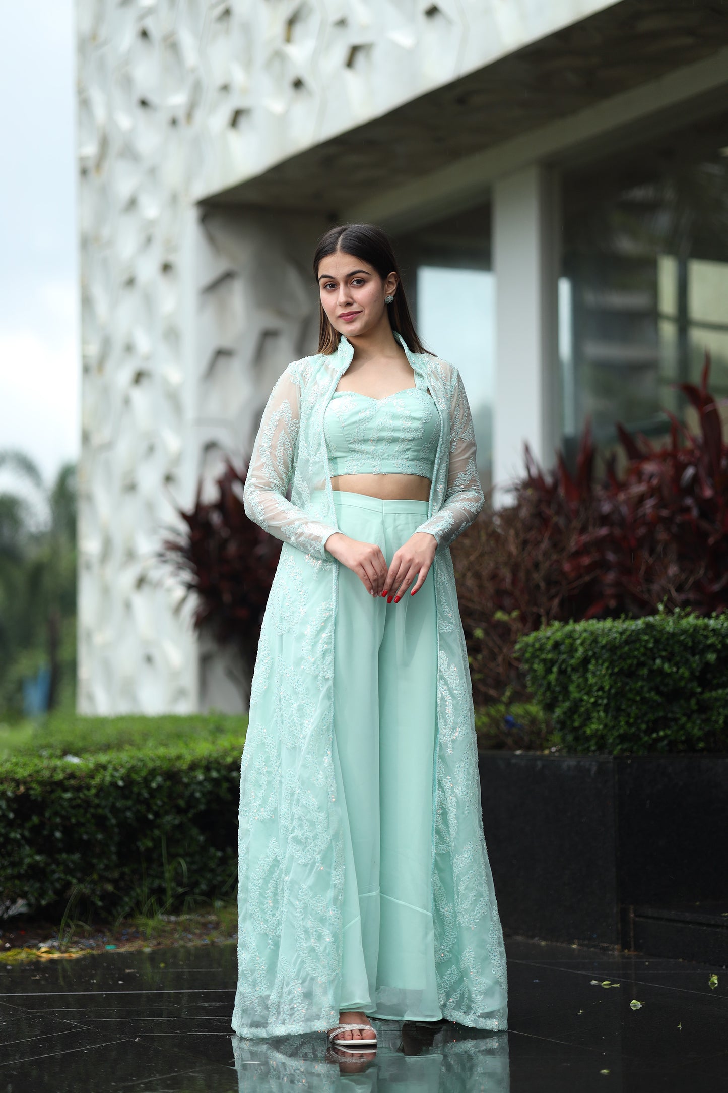 Aqua Mist Green Crop Top & Palazzo with a Full sleeves Jacket