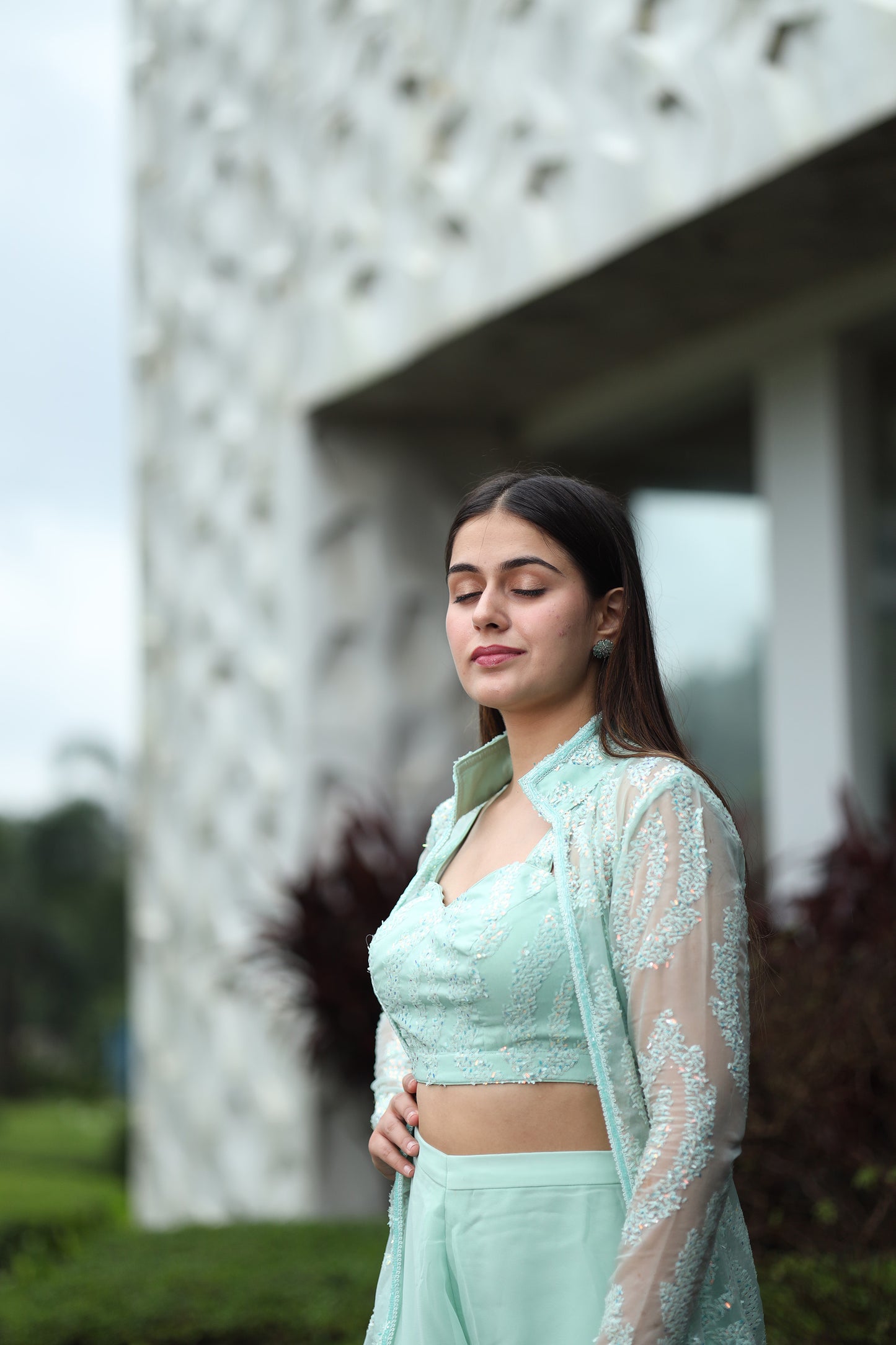 Aqua Mist Green Crop Top & Palazzo with a Full sleeves Jacket