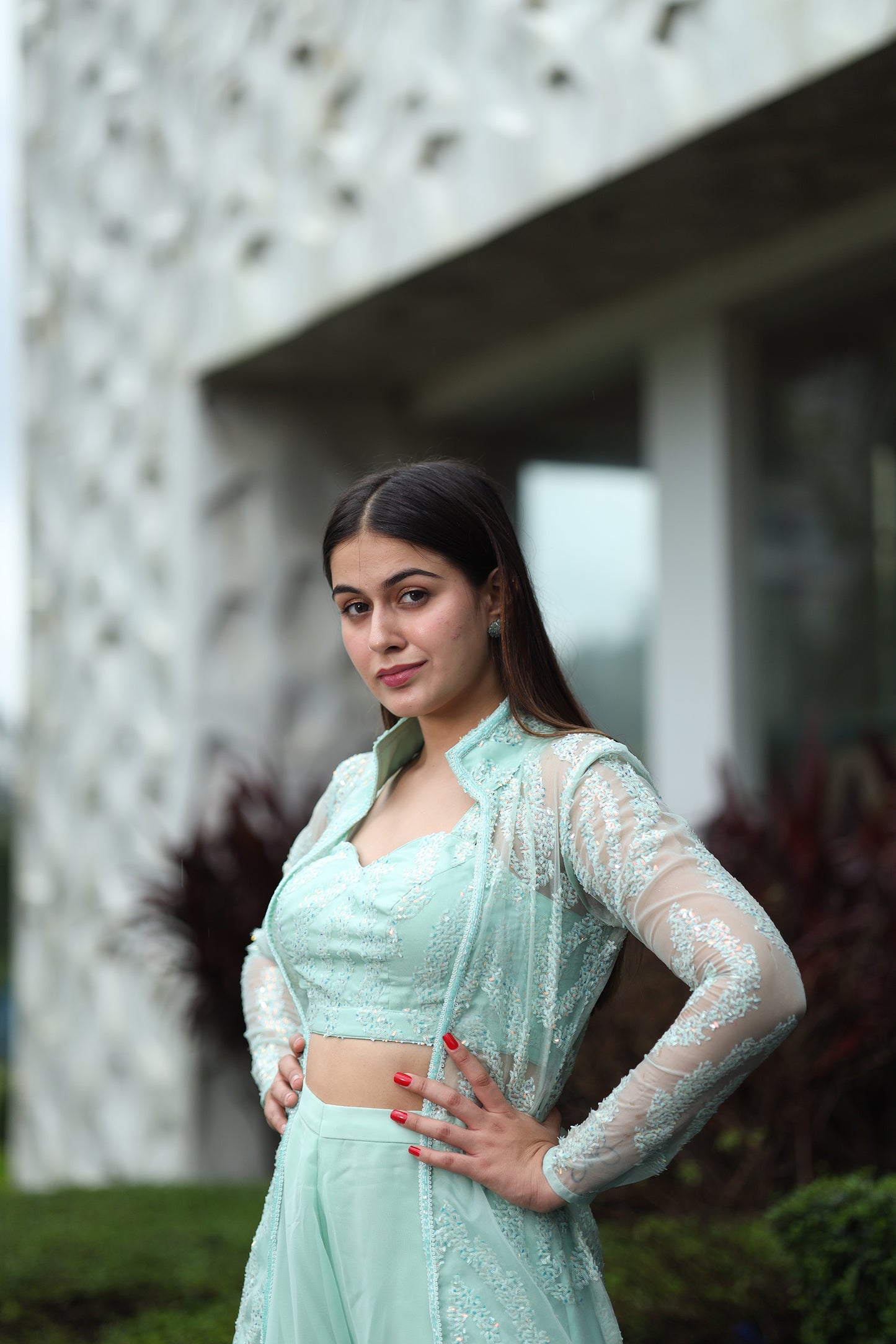 Aqua Mist Green Crop Top & Palazzo with a Full sleeves Jacket