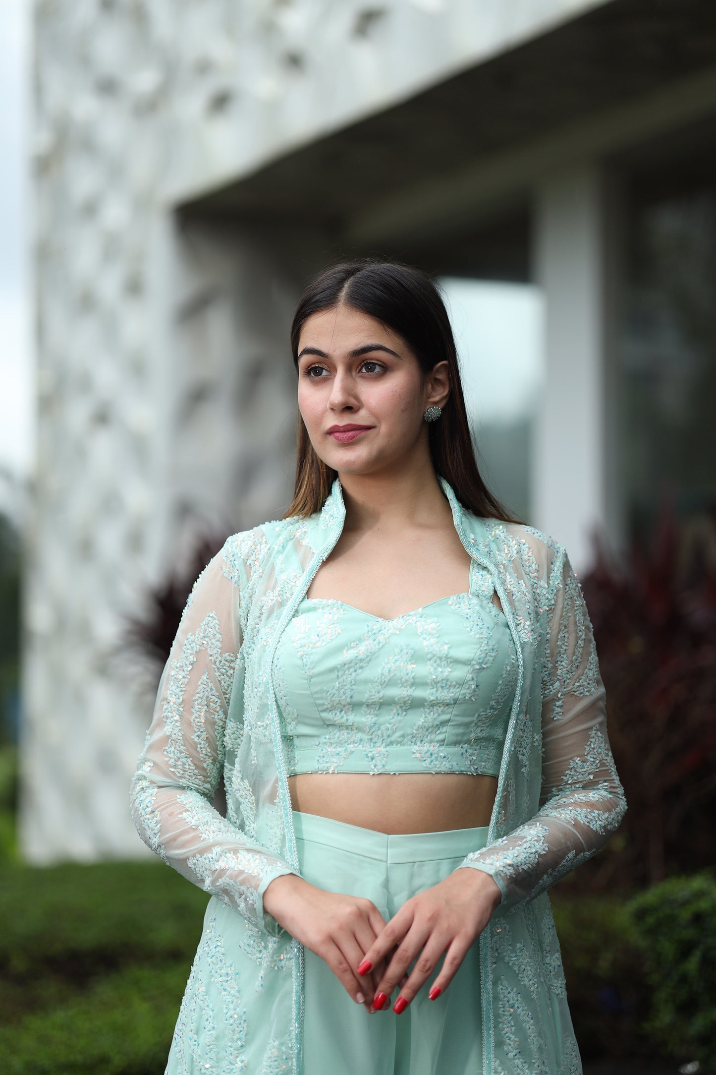 Aqua Mist Green Crop Top & Palazzo with a Full sleeves Jacket