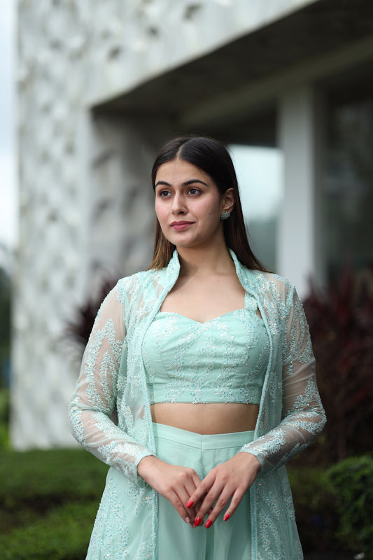 Aqua Mist Green Crop Top & Palazzo with a Full sleeves Jacket