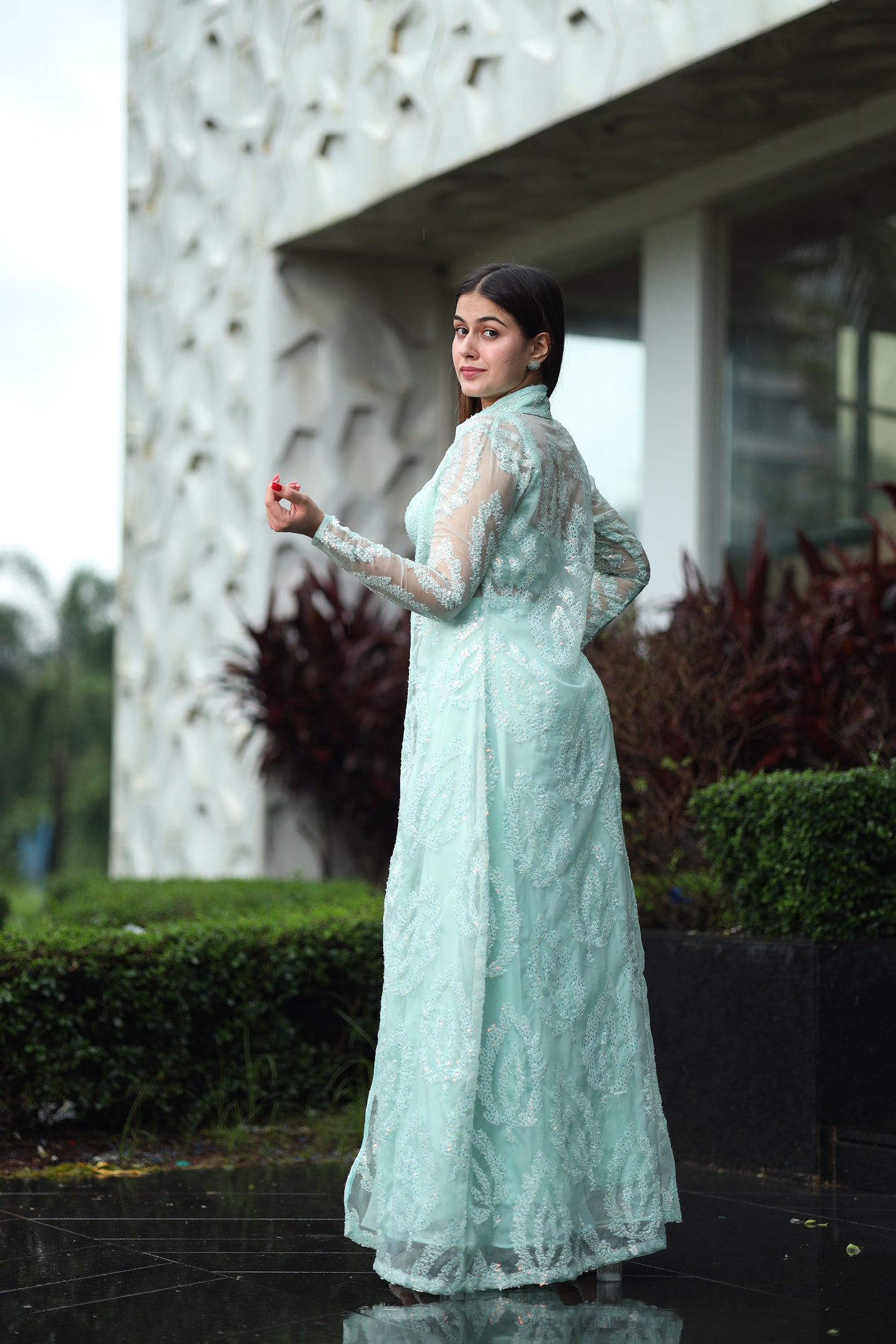 Aqua Mist Green Crop Top & Palazzo with a Full sleeves Jacket